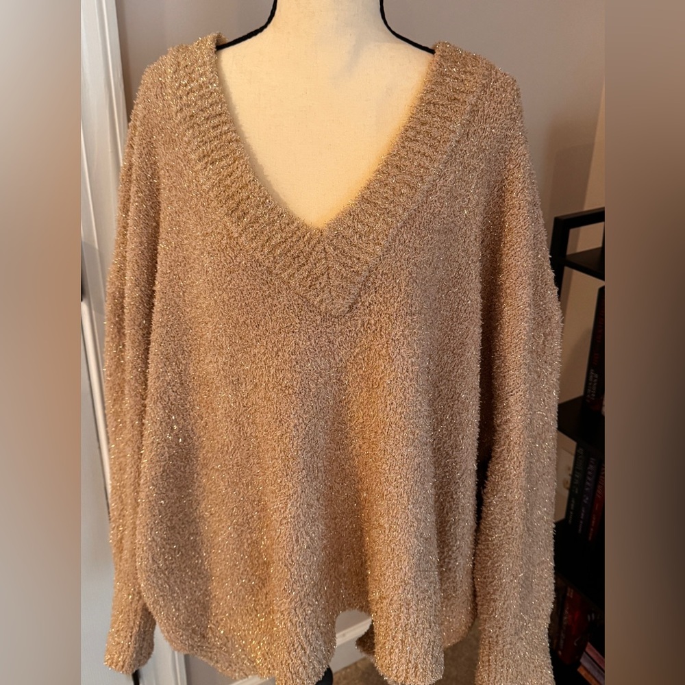 Ava & Viv Shimmering Beige V-Neck Sweater